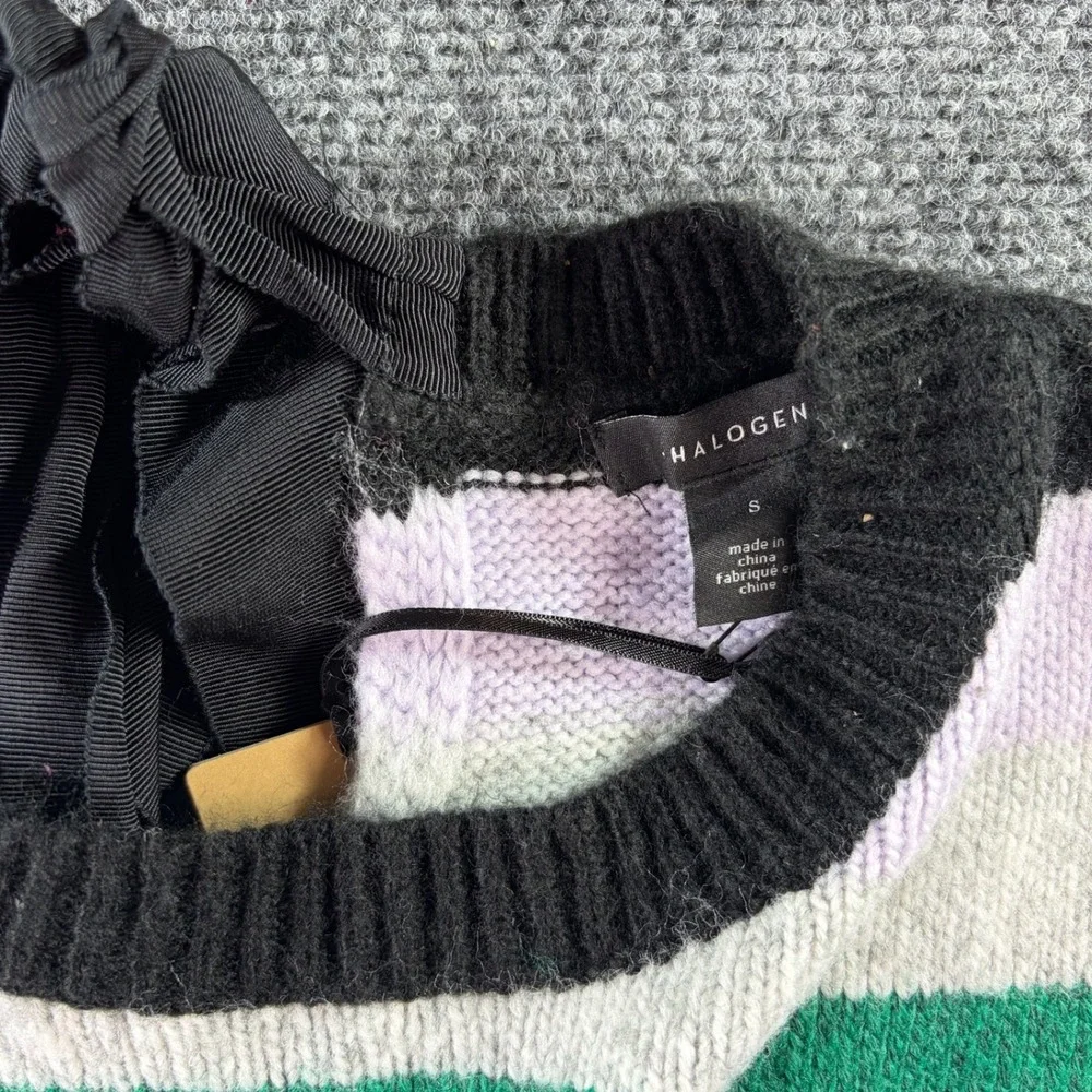Halogen Striped Crewneck Sweater Womens Small Multicolor Back Ribbon Tie Preppy